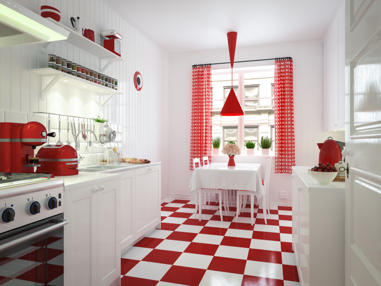 This bright and airy kitchen features a red-and-white checkerboard floor.
