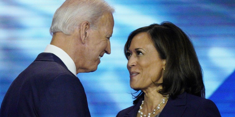 Democratic presidential candidate former Vice President Joe Biden and then-candidate Sen. Kamala Harris, D-Calif. shake hands after a Democratic presidential primary debate hosted by ABC at Texas Southern University in Houston. Biden has chosen Harris as his running mate.