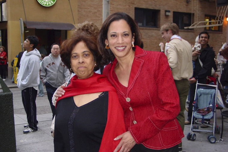 This 2007 photo provided by the Harris campaign shows her with her mother, Shyamala Gopalan, at a Chinese New Year parade.
