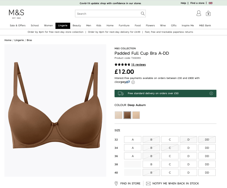 A bra listed on the Marks &amp; Spencer online store was described as having a "tobacco" color. The listing on the retailer's U.K. website has since been modified.