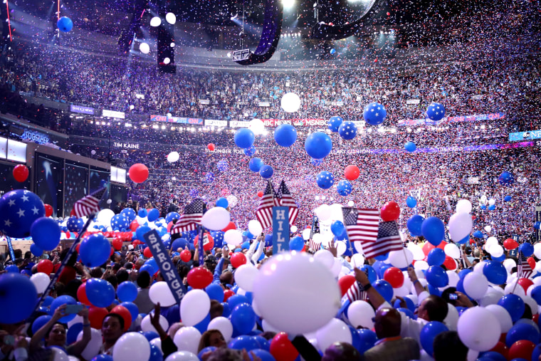 Image: Balloons fall over delegates and attendees at the Democratic National Convention in Philadelphia on July 28, 2016.