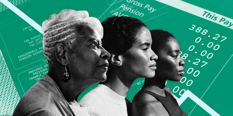 Image: Three Black women with a background of paystubs and paychecks and a downward facing line graph.