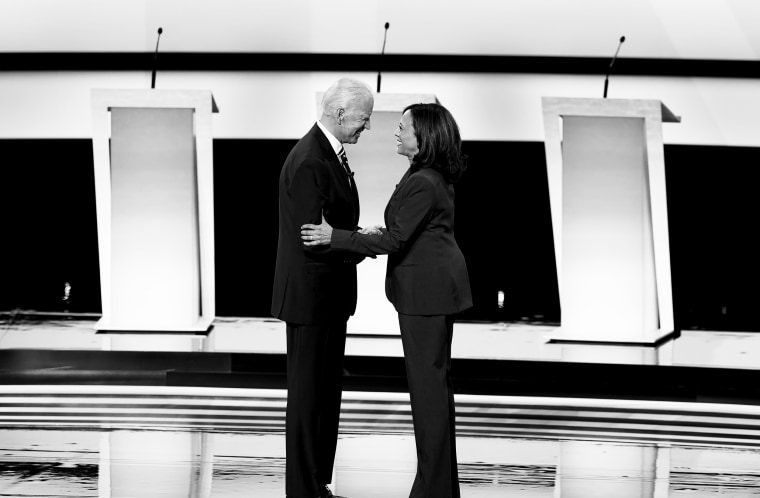 Former Vice President Joe Biden and Sen. Kamala Harris (D-Calif.) shake hands before the start of the second night of Democratic presidential debates, hosted by CNN at the Fox Theatre in Detroit, July 31, 2019. (Erin Schaff/The New York Times)