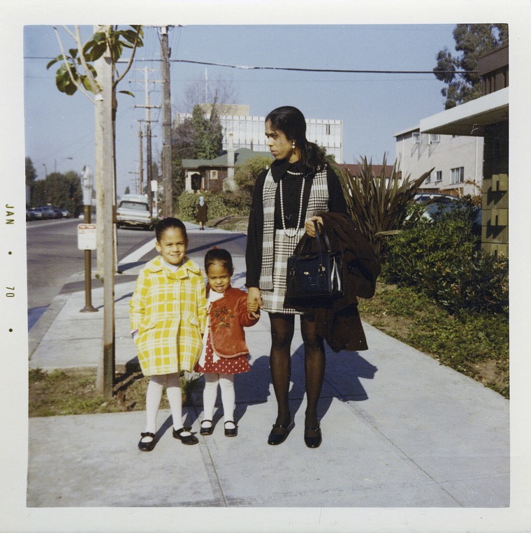 Kamala Harris, left, with her sister, Maya, and mother, Shyamala, outside their apartment in Berkeley, Calif., in 1970.