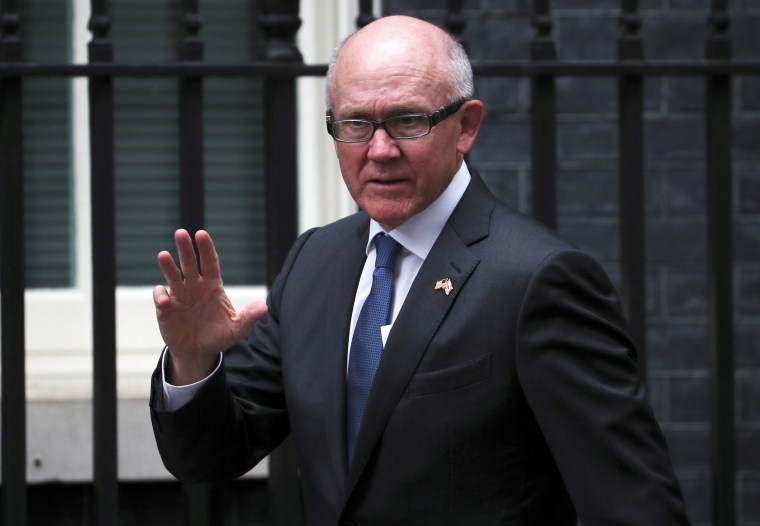 Robert Wood Johnson, the United States' ambassador to Britain arrives for a meeting with Prime Minister Theresa May in Downing Street, London