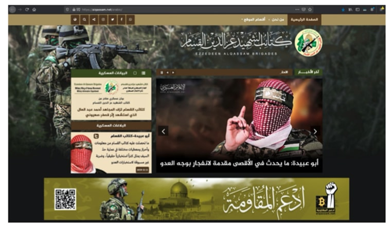 A banner for the al-Qassam Brigades, the military wing of Hamas, encouraged supporters to donate via Bitcoin.