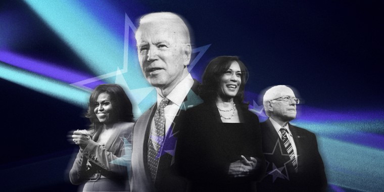 Image: Michelle Obama, Joe Biden, Kamala Harris and Bernie Sanders against a background of lightbeams and stars.