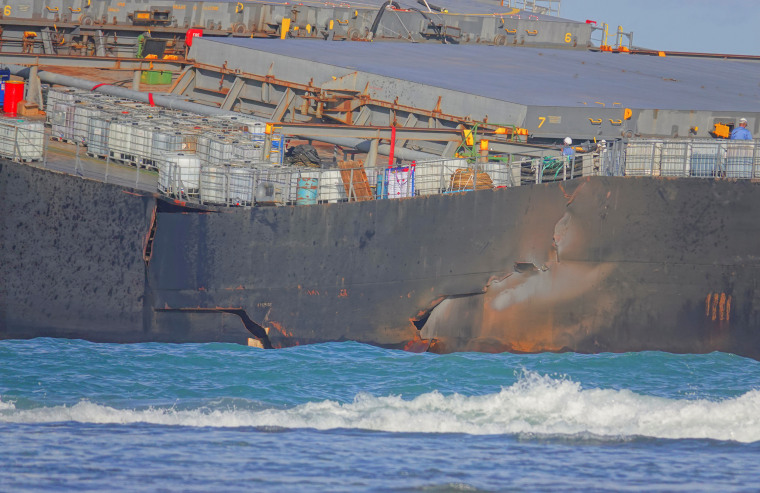 Oil from the bulk carrier ship MV Wakashio that ran aground on a reef, at Riviere des Creoles