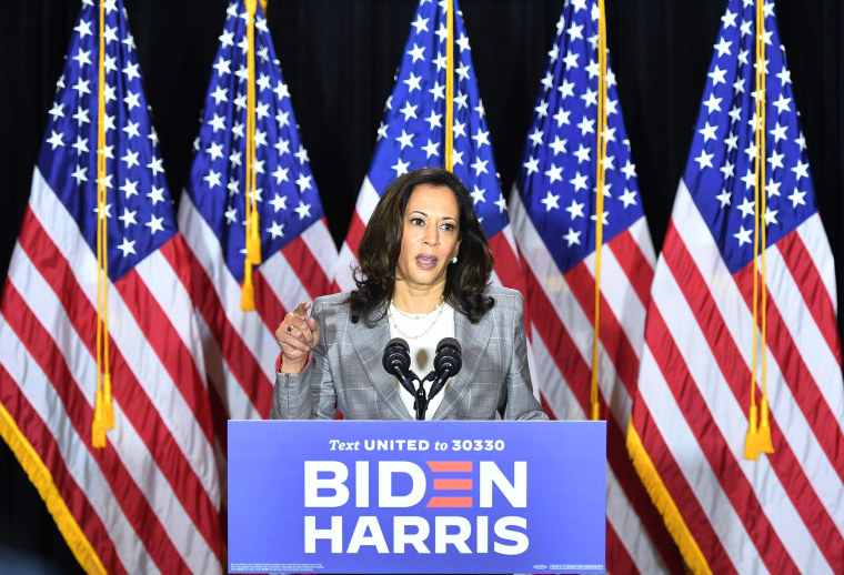 Democratic vice presidential candidate Sen. Kamala Harris speaks in Wilmington, Del., on Aug. 13, 2020.