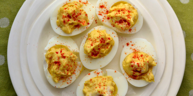Directly Above Shot Of Devilled Eggs In Plate On Table