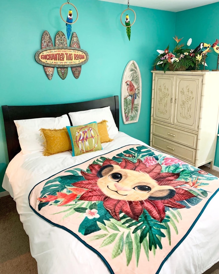 This guest bedroom has an "Enchanted Tiki" theme.