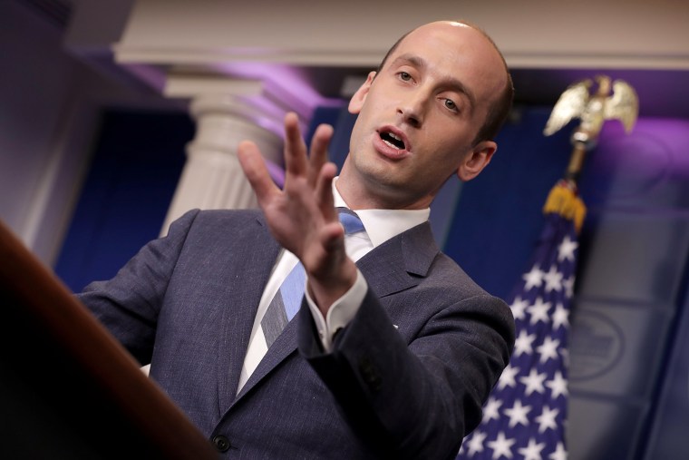 Stephen Miller talks to reporters at the White House on Aug. 2, 2017.
