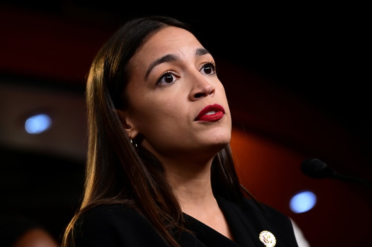 Image: Rep Alexandria Ocasio-Cortez, D-N.Y., at a news conference on Capitol Hill
