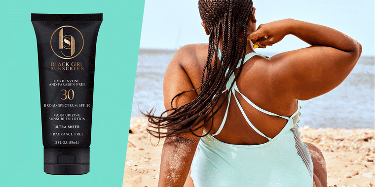 Woman sitting on beach and sunscreens. Best sunscreens for dark skin tones 2020, according to dermatologists. Shop mineral sunscreens with zinc oxide from Neutrogena, Supergoop, Glossier, Black Girl Sunscreen, Ren?e Rouleau, UrbanSkinRX and more.