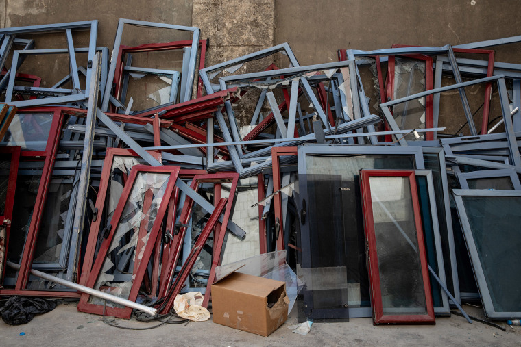 Image: Piles of destroyed windows outside the Saint George Hospital on Aug. 13, 2020 in Beirut, Lebanon.