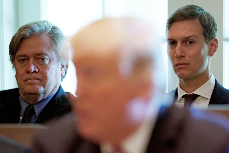 Trump advisers Bannon and Kushner listen as U.S. President Donald Trump meets with members of his Cabinet at the White House in Washington