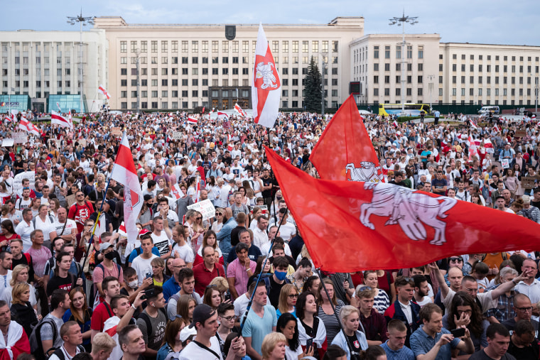 Image: Demonstrators participate in an anti-Lukashenko rally on Aug. 18, 2020 in Minsk, Belarus.