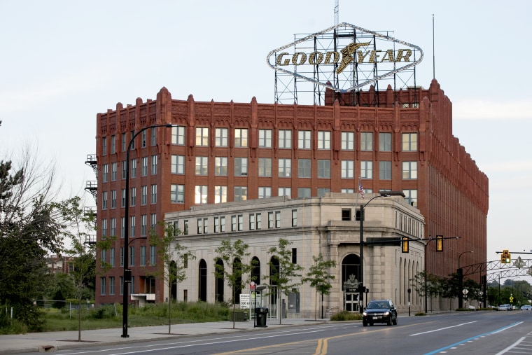 The Goodyear Tire and Rubber Company logo sits atop the former headquarters in Akron, Ohio on August 10, 2019.