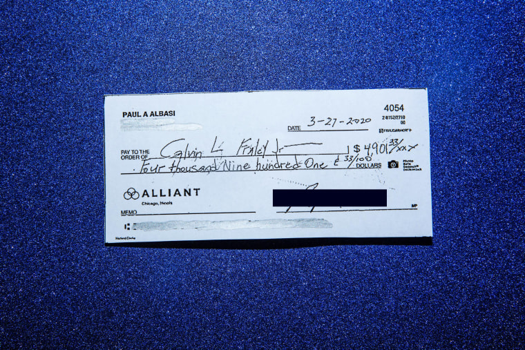 Image: Paul Albasi's check totaling $4,901.33 that was stolen and altered after being dropped off at a U.S. Postal Service mailbox in Jersey City, N.J.