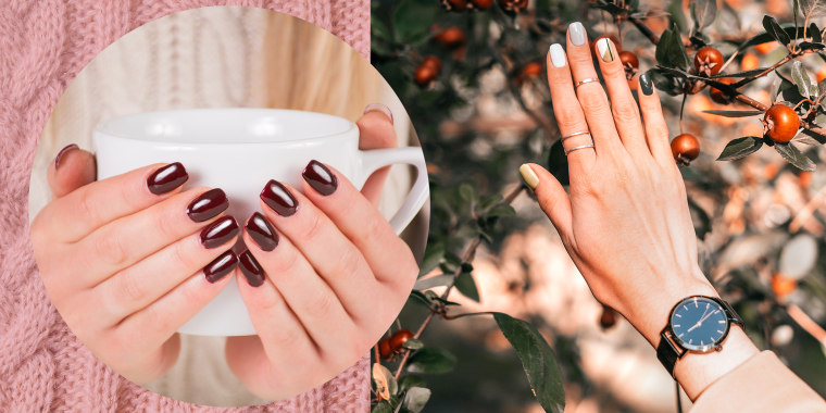 Woman's hands holding mug and woman's hand against autumn leaves showcasing fall nail polish colors