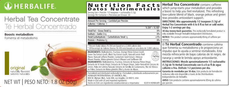 Herbalife's Tea Concentrate contains a mix of black, orange pekoe and green teas, and contains approximately 85 milligrams of caffeine per serving.