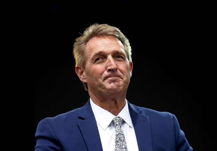 Image: Sen. Jeff Flake, R-Ariz., listens to a question during an appearance at the Forbes 30 Under 30 Summit in Boston.