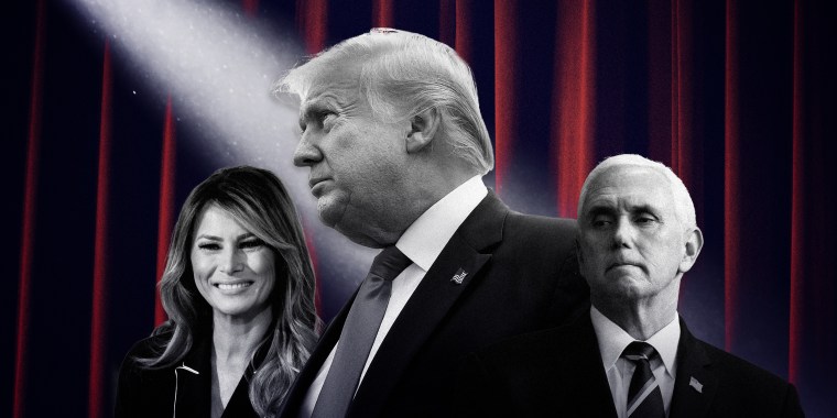 Image: First lady Melania Trump, President Donald Trump and Vice President Mike Pence on a background of stage lights and dark red curtains.