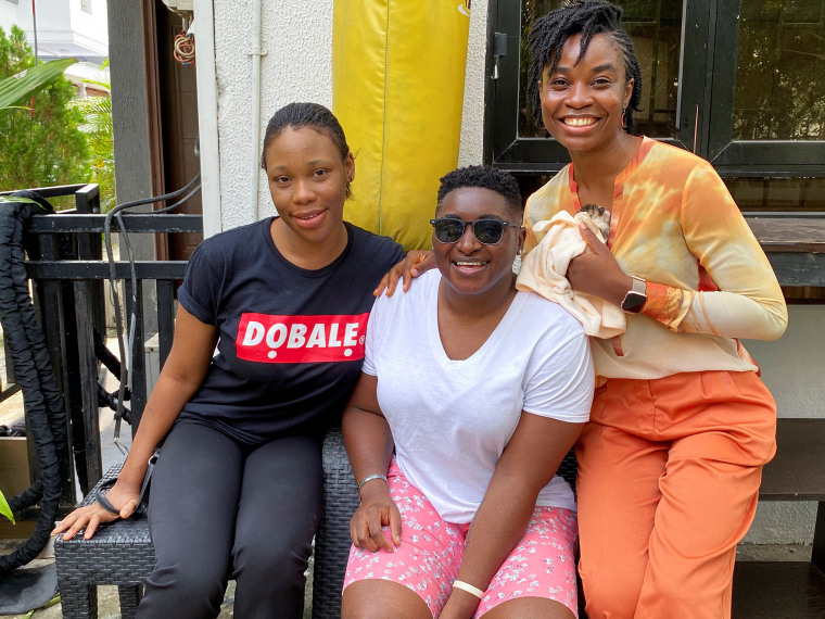Image: Producer of the movie \"Ife\" Pamela Adie poses with the two casts, Uzoamaka Aniunoh and Cindy Amadi in Lagos