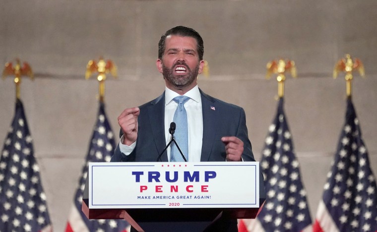 Image: Donald Trump Jr. delivers a pre-recorded speech to the largely virtual 2020 Republican National Convention
