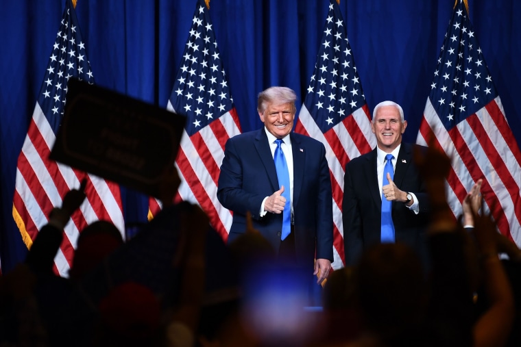 Image: Delegates cheer as President Donald Trump and Vice President Mike Pence stand on stage during the first day of the Republican National Convention