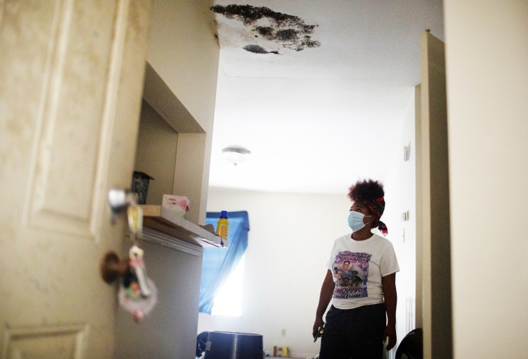 Black mold covers the ceiling where Brandie Barrow was living in Algiers, in New Orleans