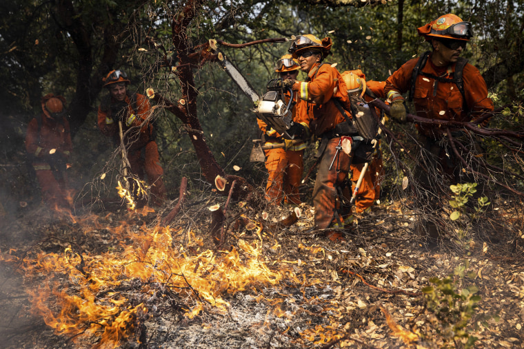 Image: Members of the Delta Conservation Crew, made up of inmate firefighters, clear a fire line on the Walbridge Fire, part of the LNU Lightning Complex fire, in Healdsburg, Calif., Aug. 23, 2020. (Max Whittaker/The New York Times)