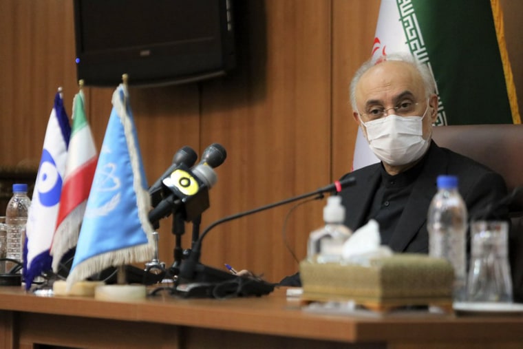 Image: Head of the Atomic Energy Organization of Iran Ali Akbar Salehi sits in a press briefing with Director General of International Atomic Energy Agency, IAEA, Rafael Mariano Grossi in Tehran