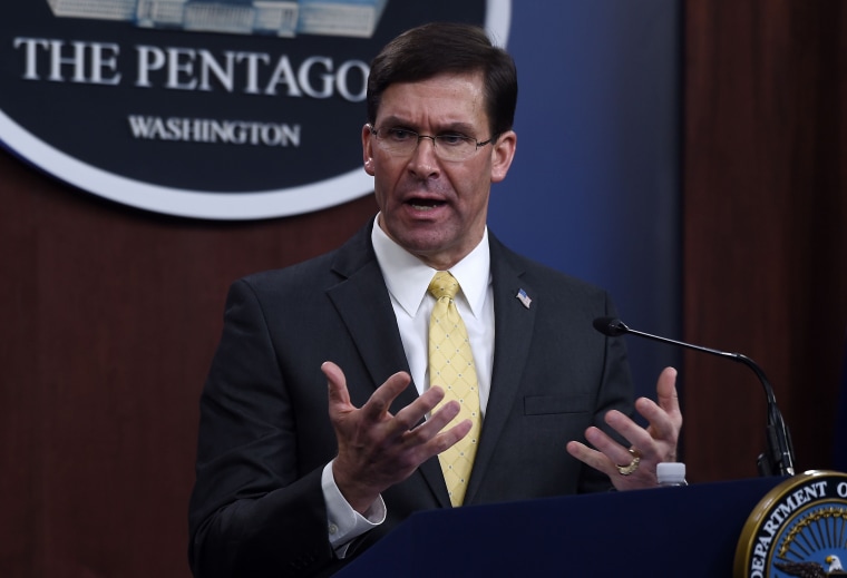 Image: Secretary of Defense Mark Esper speaks during a press conference at the Pentagon.