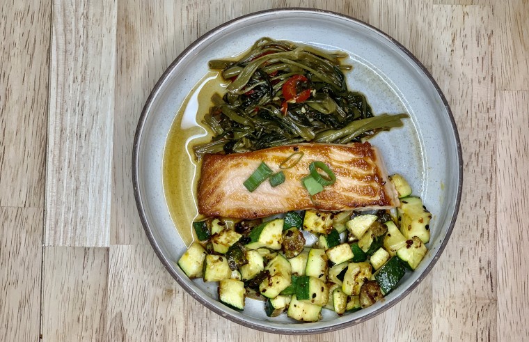 Ponzu salmon: This quick, day-of meal took just 15 minutes to prepare. I pan-seared salmon and topped it with store-bought soy sauce, sautéed water spinach with garlic, soy and chilis, and sautéed zucchini with shichimi togarashi. 