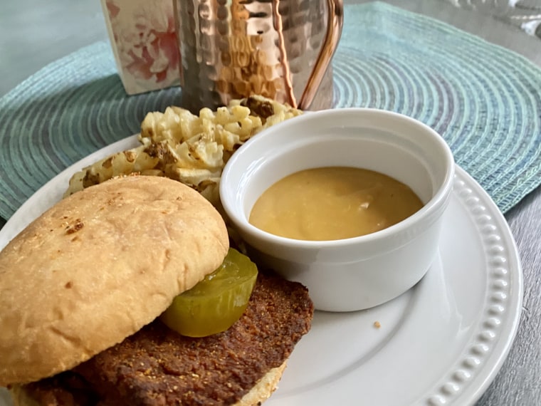 The finished product, with sides of knock-off Chick-fil-A sauce and waffle fries.