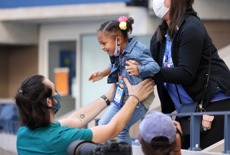 Alexis Ohanian and Alexis Olympia Ohanian Jr., husband and daughter of Serena Williams, attend the Women’s Singles third-round match between Serena Williams and Sloane Stephens on day Six of the 2020 U.S. Open.