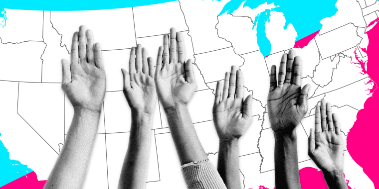 Image: Raised hands with a blue and pink background with a United States map.