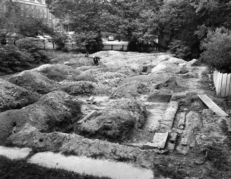 The 1957 archaeological excavation at the site of First Baptist Church's original permanent structure on South Nassau Street in Williamsburg, Va. This year, a partnership led by First Baptist Church and Colonial Williamsburg has resumed archaeological investigation of the site.