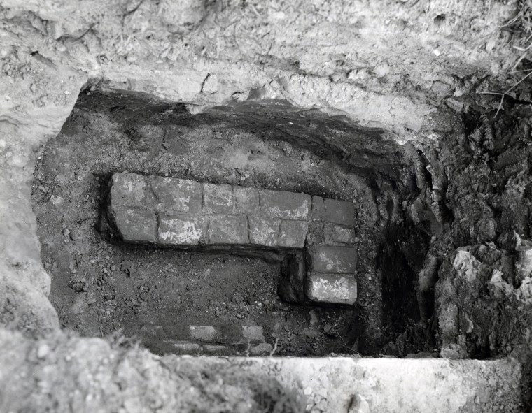 View of archaeological excavations at site of First Baptist Church on Nassau Street in 1957 after it was torn down.