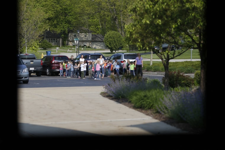 Image: Students at Forest Dale Elementary school gather during an intruder drill in Carmel, Ind., on May 6, 2016.