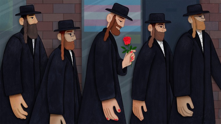 Illustration of Hasidic woman wearing red nail polish and traditional men's clothing looking down at a rose in her hand.