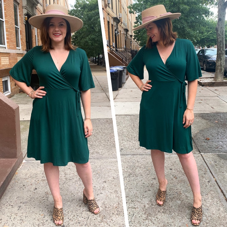 Woman wearing green wrap dress