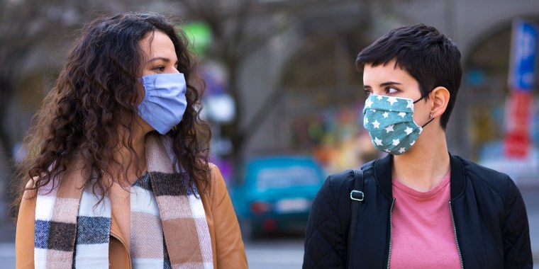 Women wearing cloth face masks outside in autumn