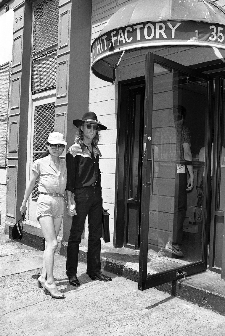 Ono and Lennon entering New York City's Hit Factory in August 1980, where he would record songs for "Double Fantasy."