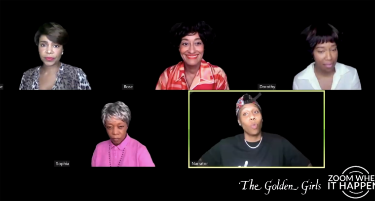 Regina King, Tracee Ellis Ross, Sanaa Lathan, Alfre Woodard and Lena Waithe in the "Golden Girls" Zoom re-creation.