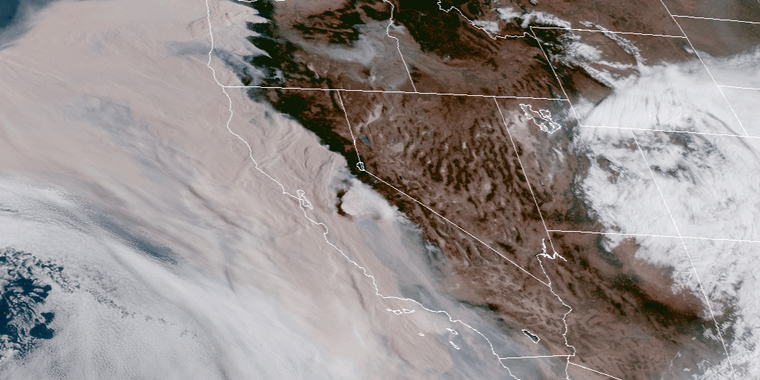 Satellite image of smoke from California wildfires