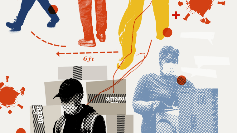 Image: A collage of Amazon workers in masks, Amazon shipping boxes, coronavirus spore, and legs walking six feet apart.