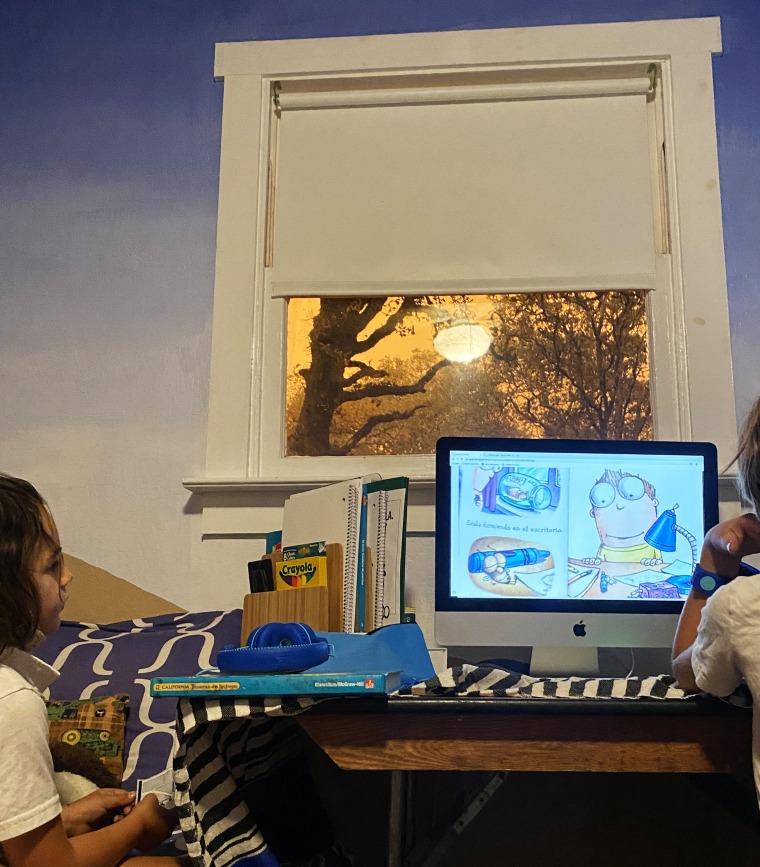 Lauren Benward-Krause's two sons Drake and Carlos take their online class in the hamlet of Glen Ellen, Calif.