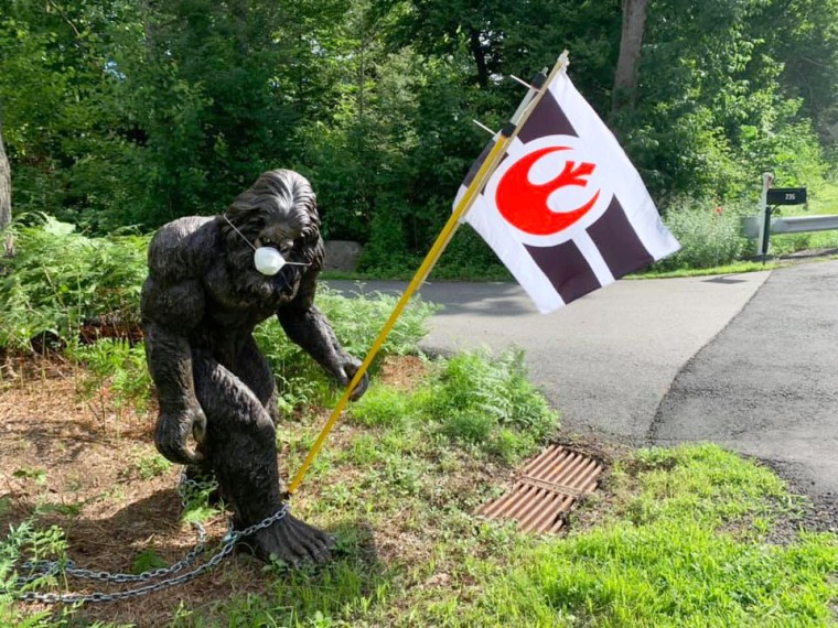 Image: Bigfoot wears a facemask while holding the Star Wars Rebel Alliance flag